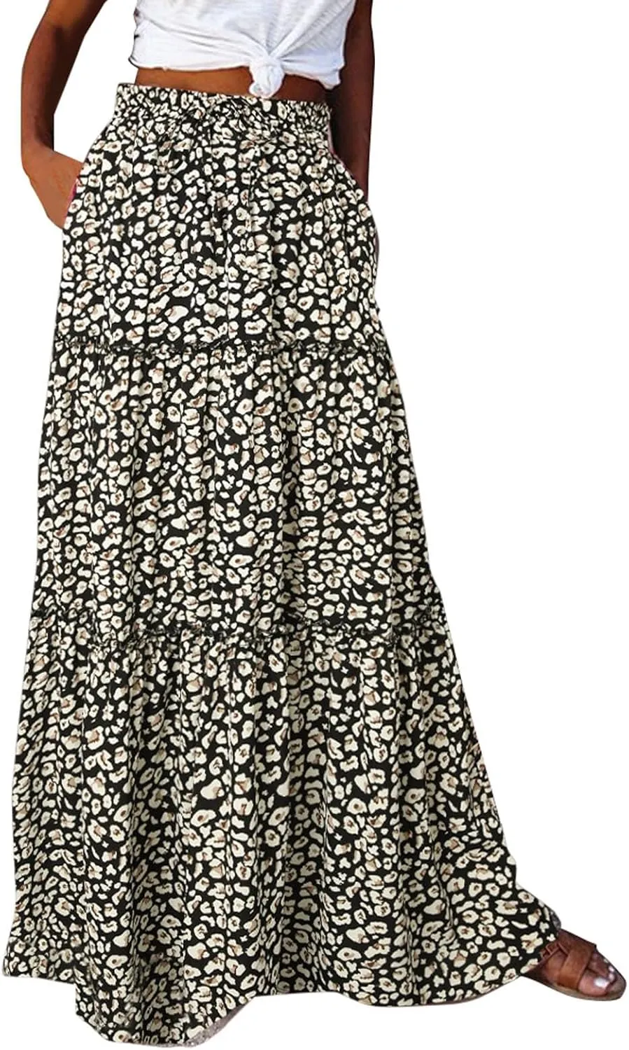 Summer Flowy Boho Floral Maxi Skirt Women Elastic High Waist Tiered Pleated Casual Beach Long Skirt