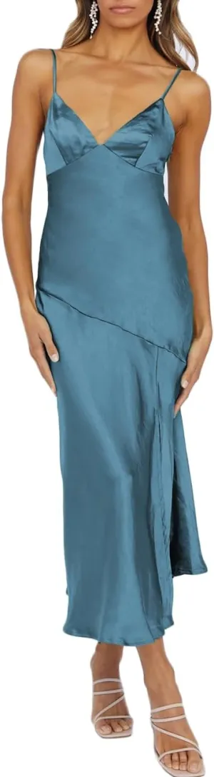 Summer Satin V Neck Silp Midi Dress for Women Wedding Guest 2025 Sexy Spaghetti Strap Backless Long Dresses with Slit