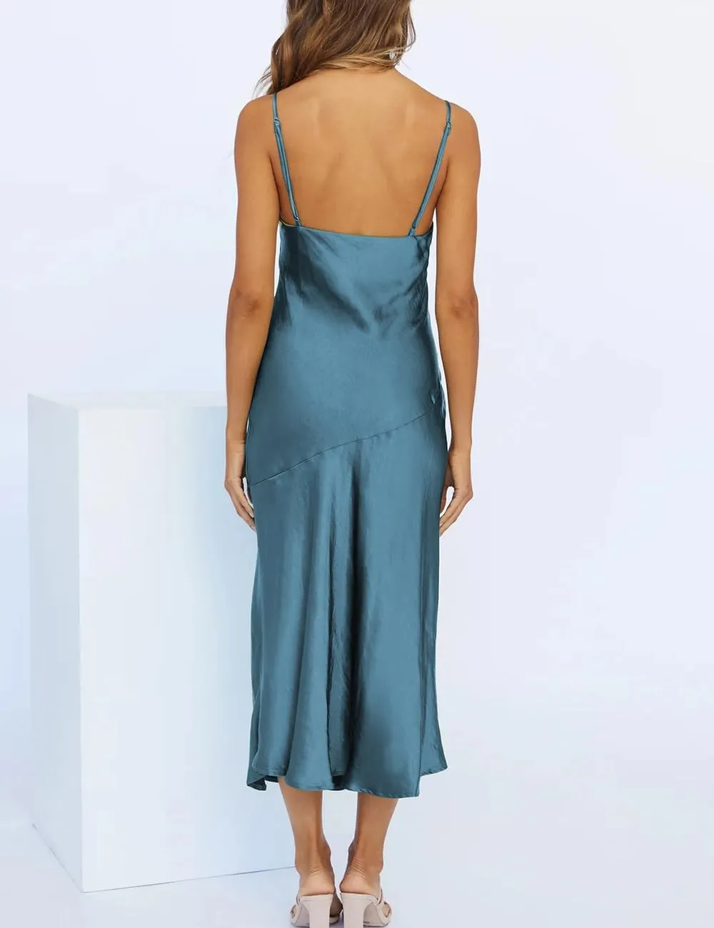 Summer Satin V Neck Silp Midi Dress for Women Wedding Guest 2025 Sexy Spaghetti Strap Backless Long Dresses with Slit