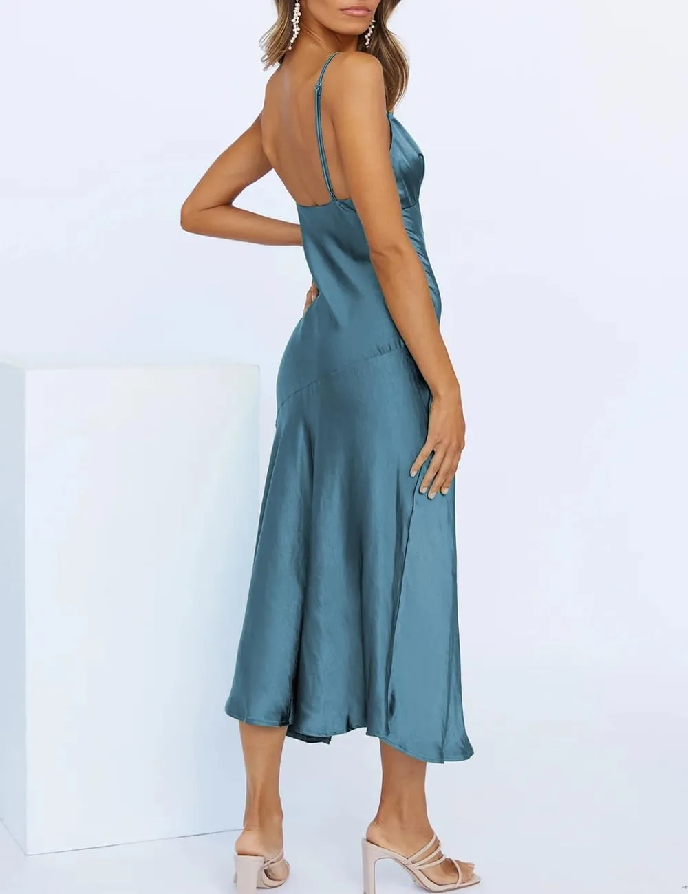 Summer Satin V Neck Silp Midi Dress for Women Wedding Guest 2025 Sexy Spaghetti Strap Backless Long Dresses with Slit
