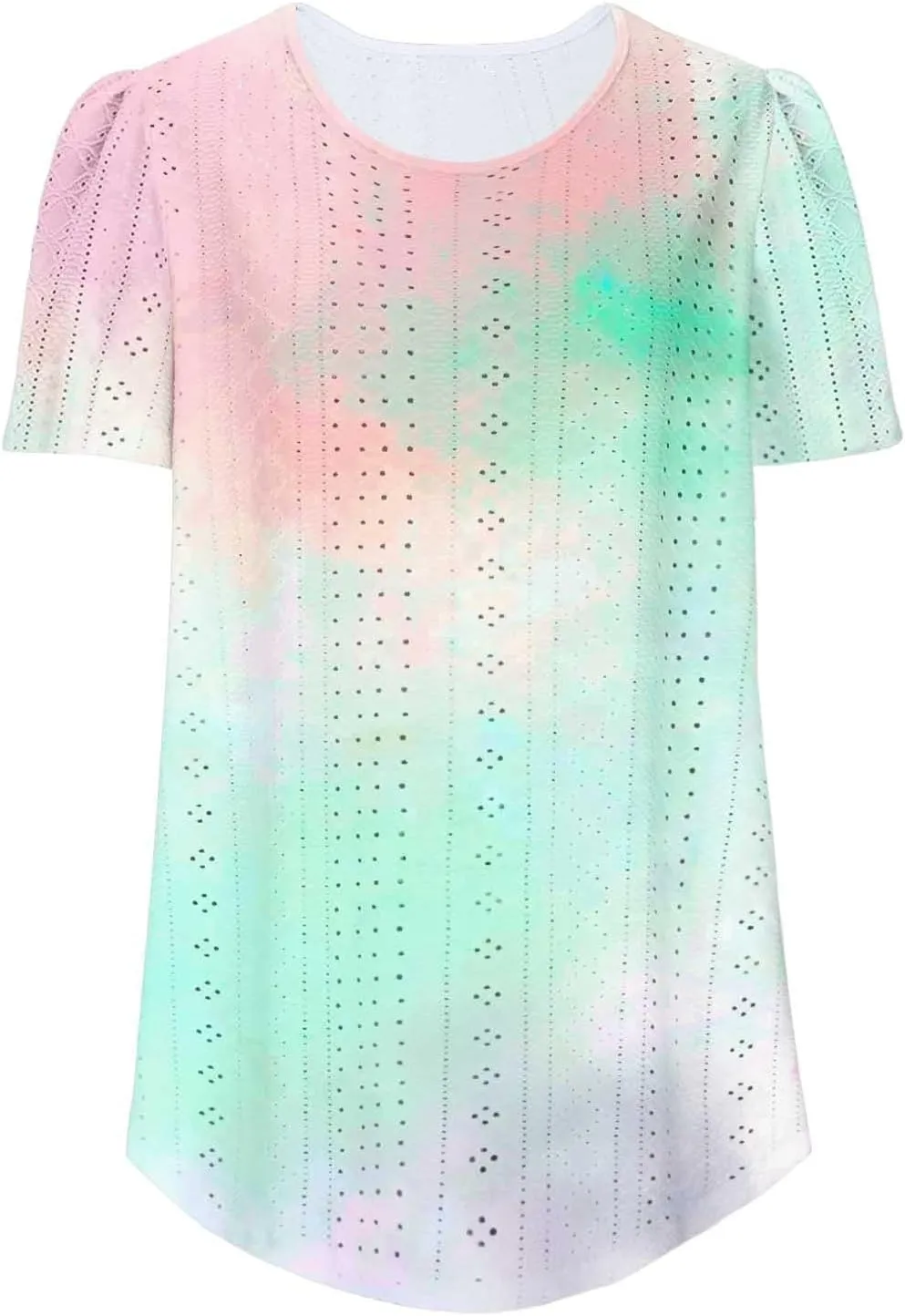 Summer Tops for Women Trendy Gradient Color Shirts Pleated Front Tunic Top Crewneck Eyelet Casual Loose Blouses