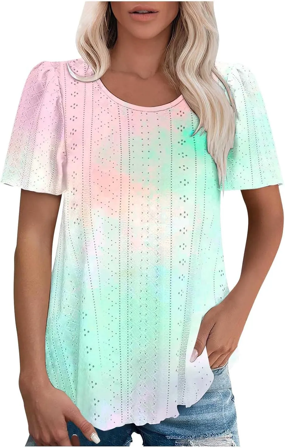 Summer Tops for Women Trendy Gradient Color Shirts Pleated Front Tunic Top Crewneck Eyelet Casual Loose Blouses