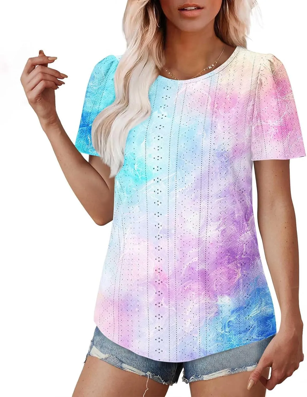 Summer Tops for Women Trendy Gradient Color Shirts Pleated Front Tunic Top Crewneck Eyelet Casual Loose Blouses