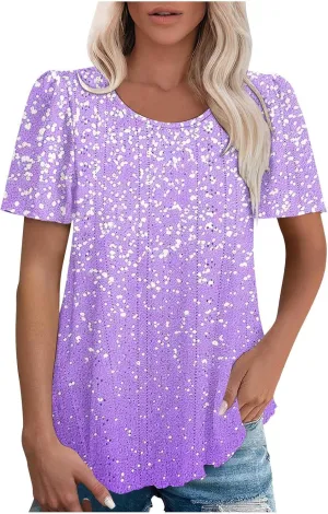 Summer Tops for Women Trendy Gradient Color Shirts Pleated Front Tunic Top Crewneck Eyelet Casual Loose Blouses