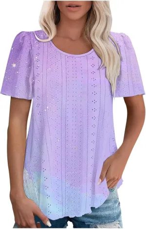Summer Tops for Women Trendy Gradient Color Shirts Pleated Front Tunic Top Crewneck Eyelet Casual Loose Blouses