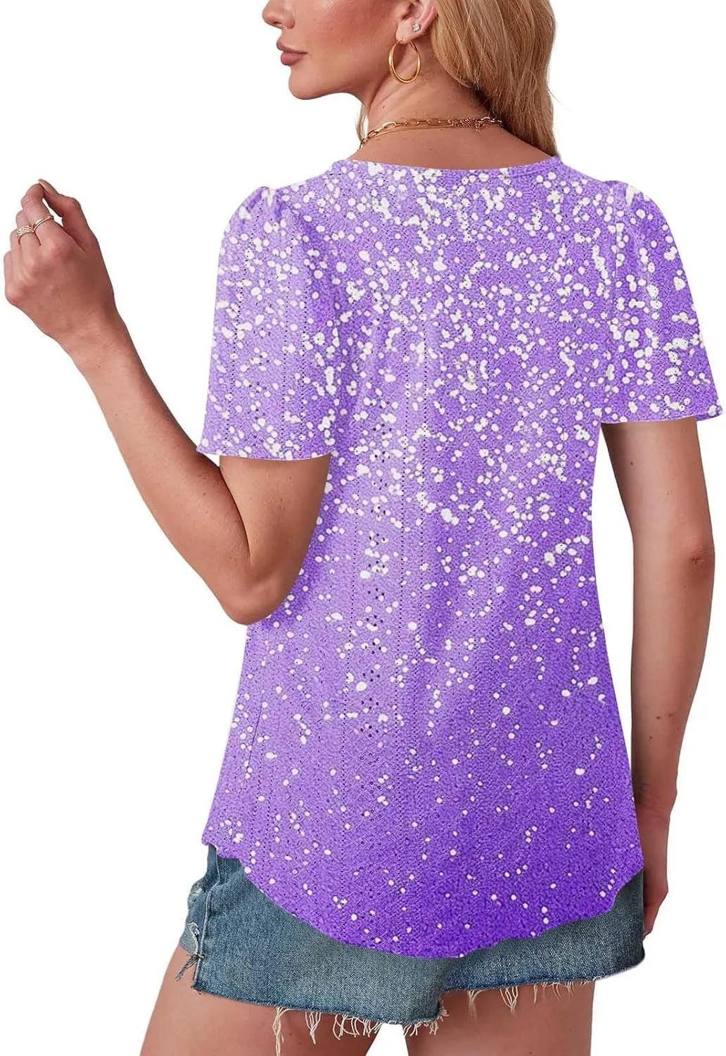 Summer Tops for Women Trendy Gradient Color Shirts Pleated Front Tunic Top Crewneck Eyelet Casual Loose Blouses
