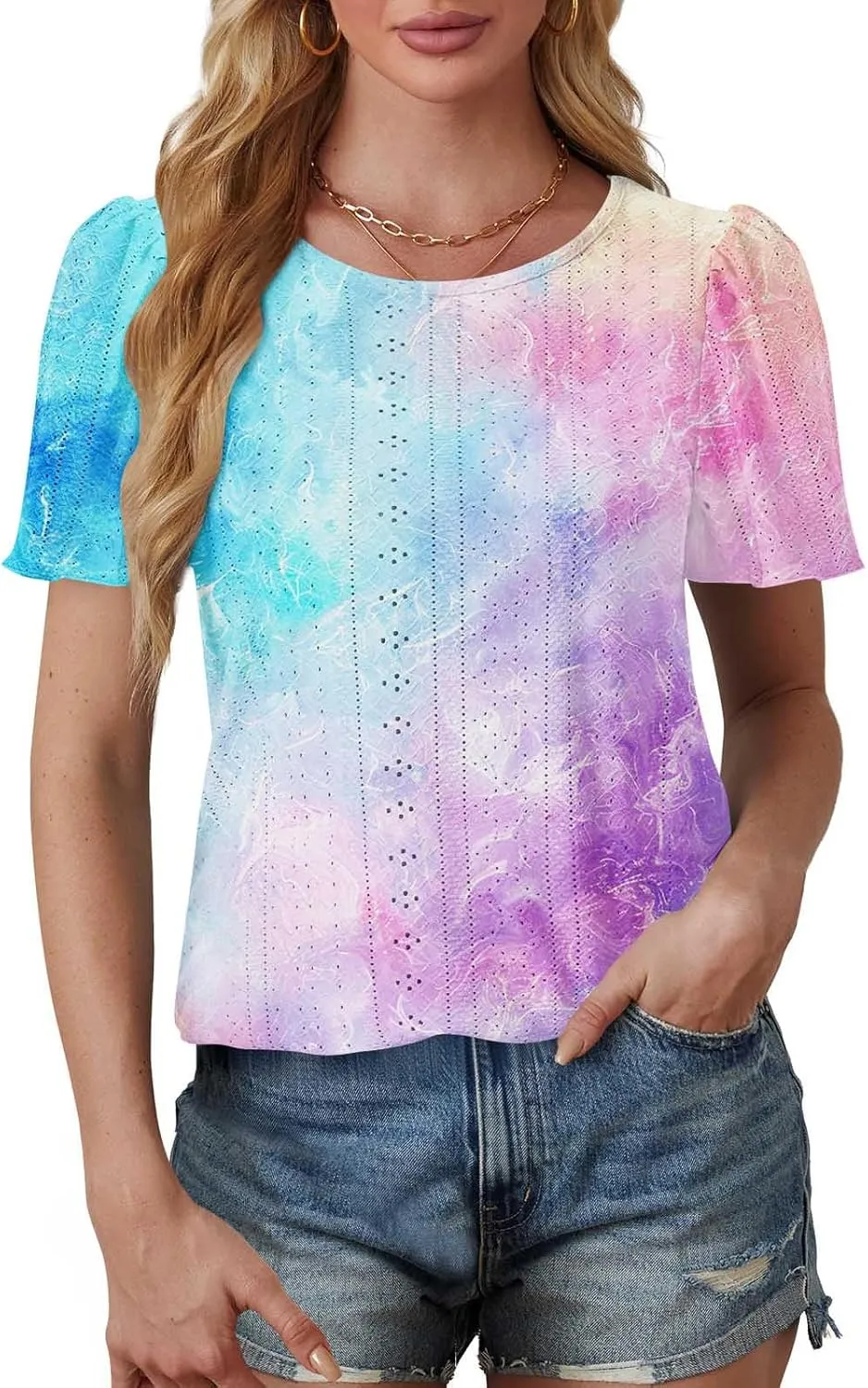 Summer Tops for Women Trendy Gradient Color Shirts Pleated Front Tunic Top Crewneck Eyelet Casual Loose Blouses