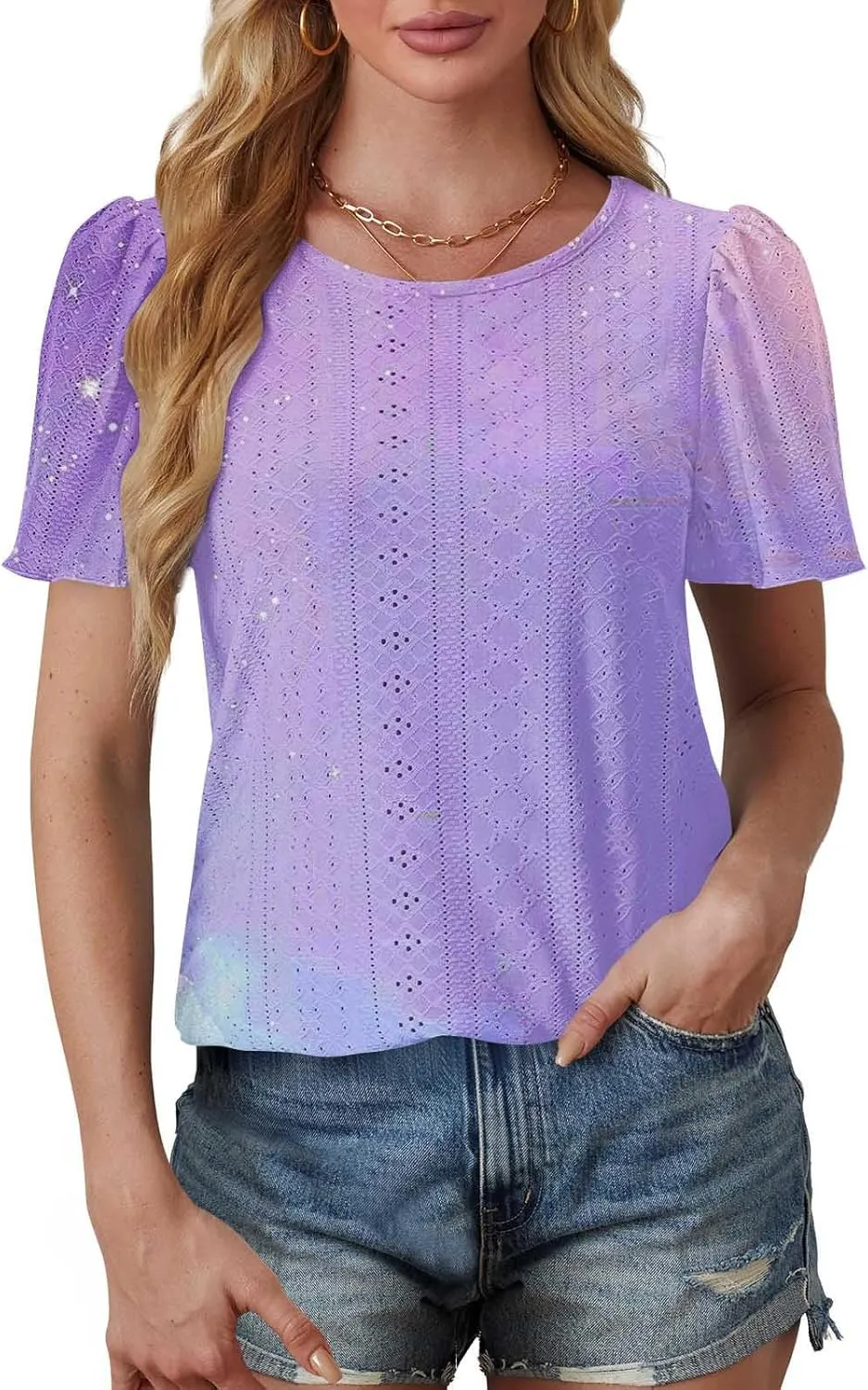 Summer Tops for Women Trendy Gradient Color Shirts Pleated Front Tunic Top Crewneck Eyelet Casual Loose Blouses