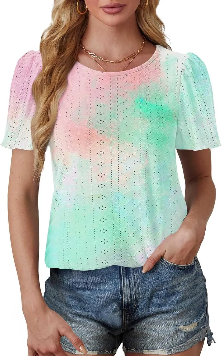 Summer Tops for Women Trendy Gradient Color Shirts Pleated Front Tunic Top Crewneck Eyelet Casual Loose Blouses