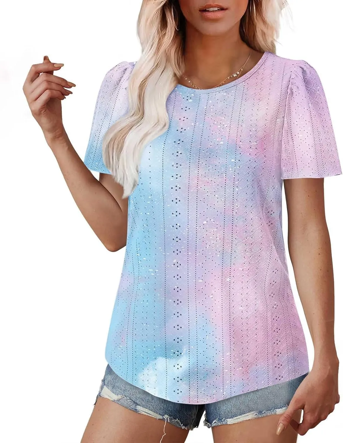 Summer Tops for Women Trendy Gradient Color Shirts Pleated Front Tunic Top Crewneck Eyelet Casual Loose Blouses