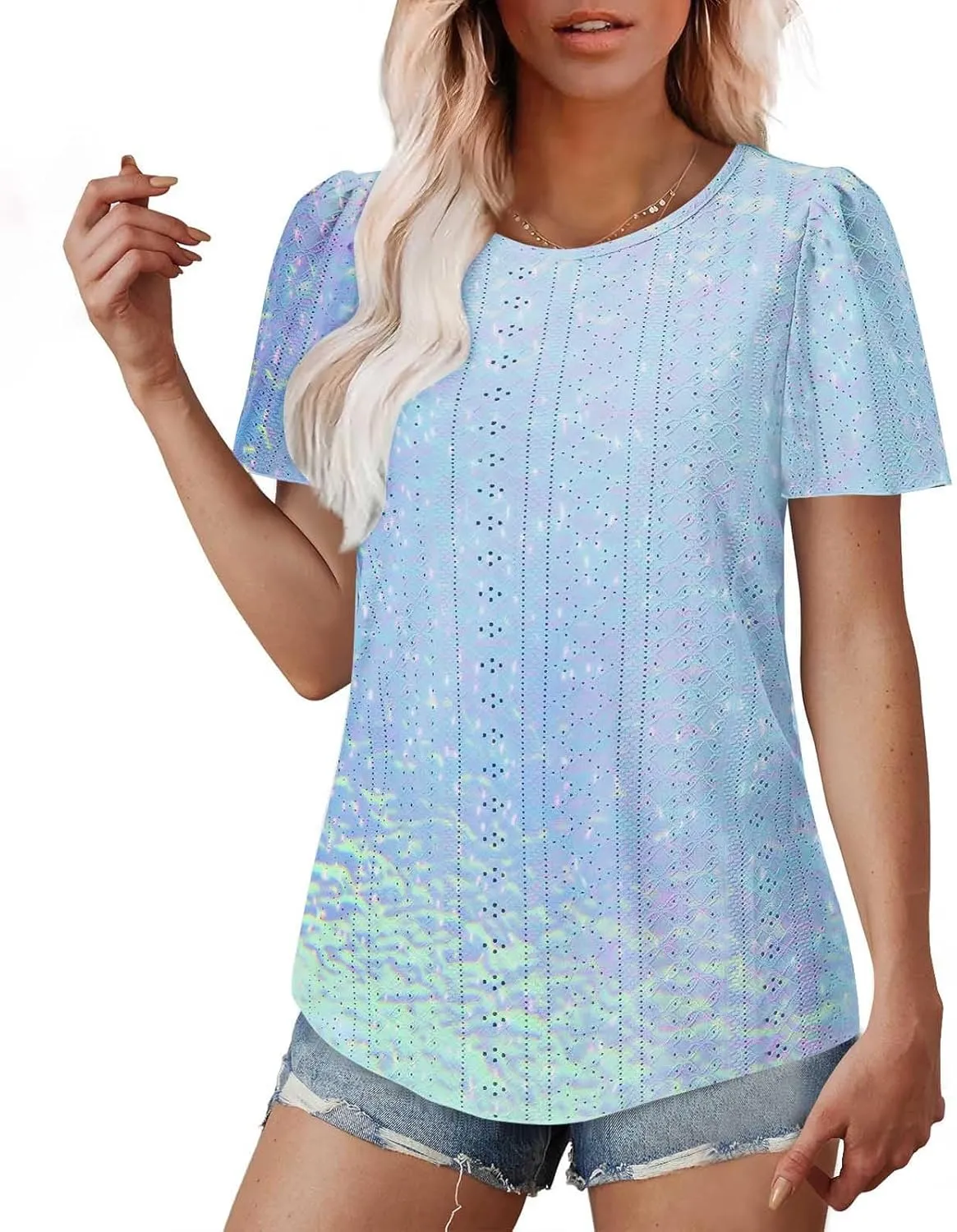 Summer Tops for Women Trendy Gradient Color Shirts Pleated Front Tunic Top Crewneck Eyelet Casual Loose Blouses