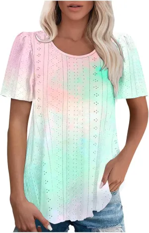 Summer Tops for Women Trendy Gradient Color Shirts Pleated Front Tunic Top Crewneck Eyelet Casual Loose Blouses