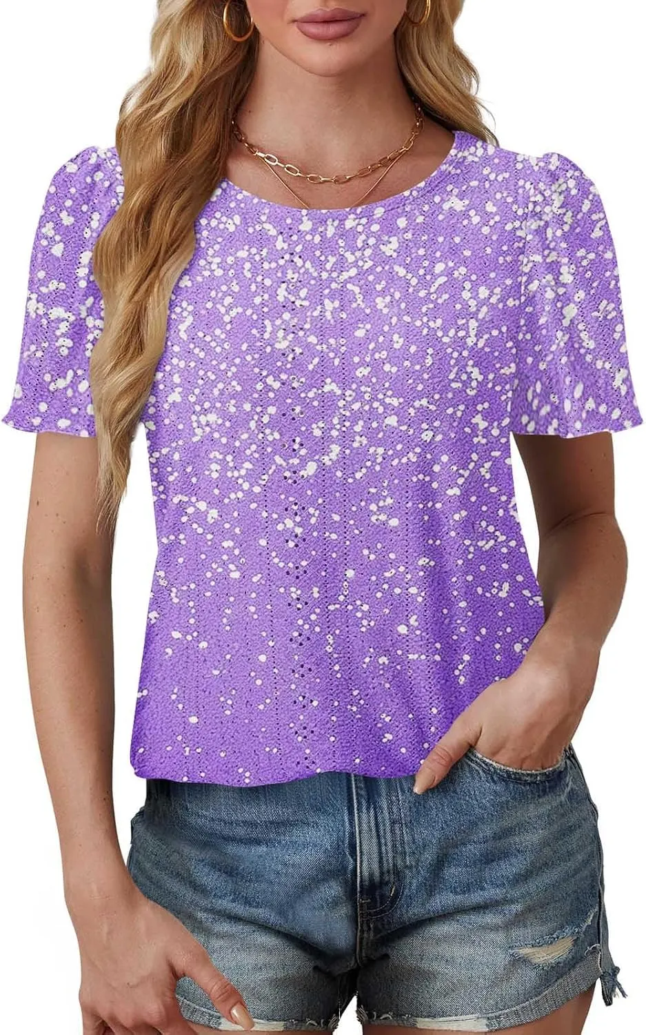 Summer Tops for Women Trendy Gradient Color Shirts Pleated Front Tunic Top Crewneck Eyelet Casual Loose Blouses