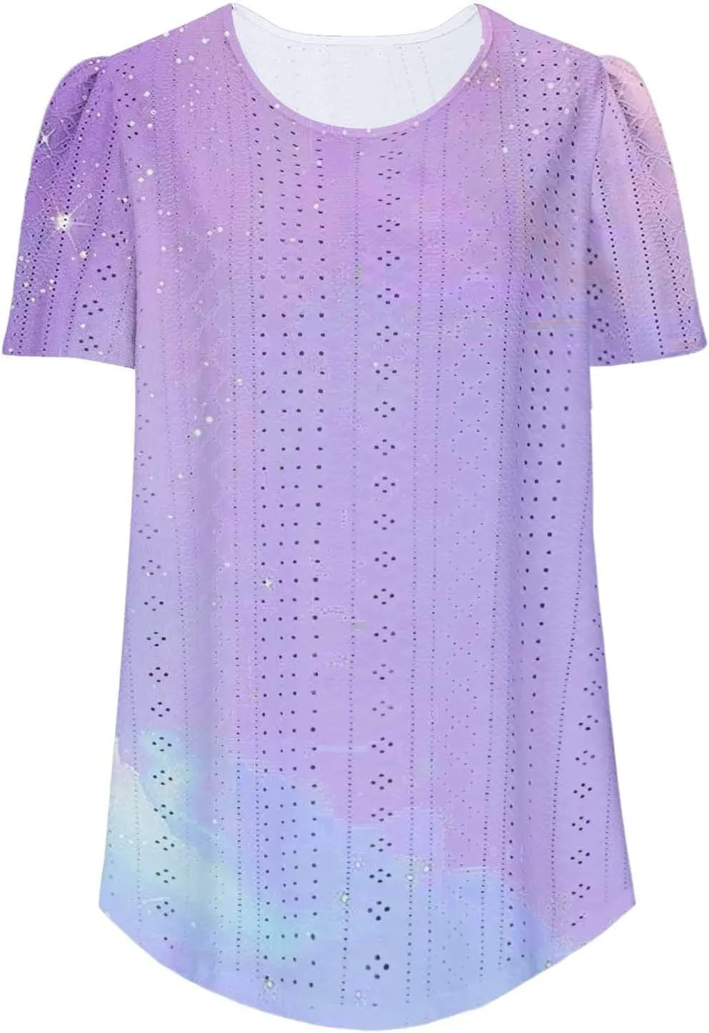 Summer Tops for Women Trendy Gradient Color Shirts Pleated Front Tunic Top Crewneck Eyelet Casual Loose Blouses