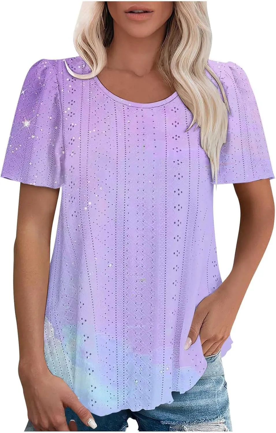 Summer Tops for Women Trendy Gradient Color Shirts Pleated Front Tunic Top Crewneck Eyelet Casual Loose Blouses