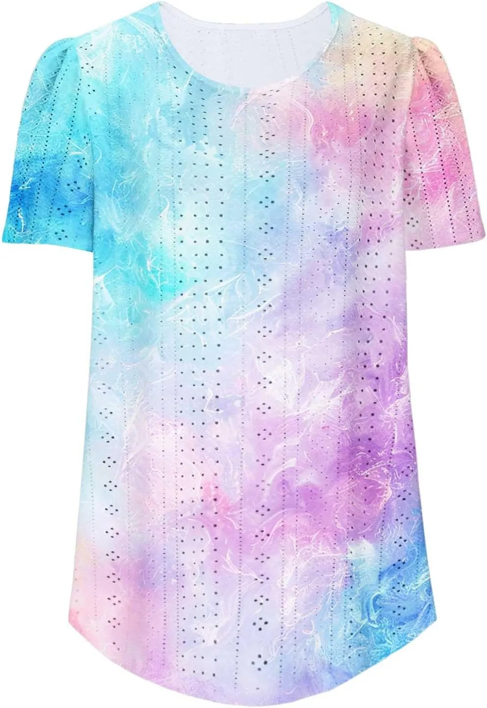 Summer Tops for Women Trendy Gradient Color Shirts Pleated Front Tunic Top Crewneck Eyelet Casual Loose Blouses