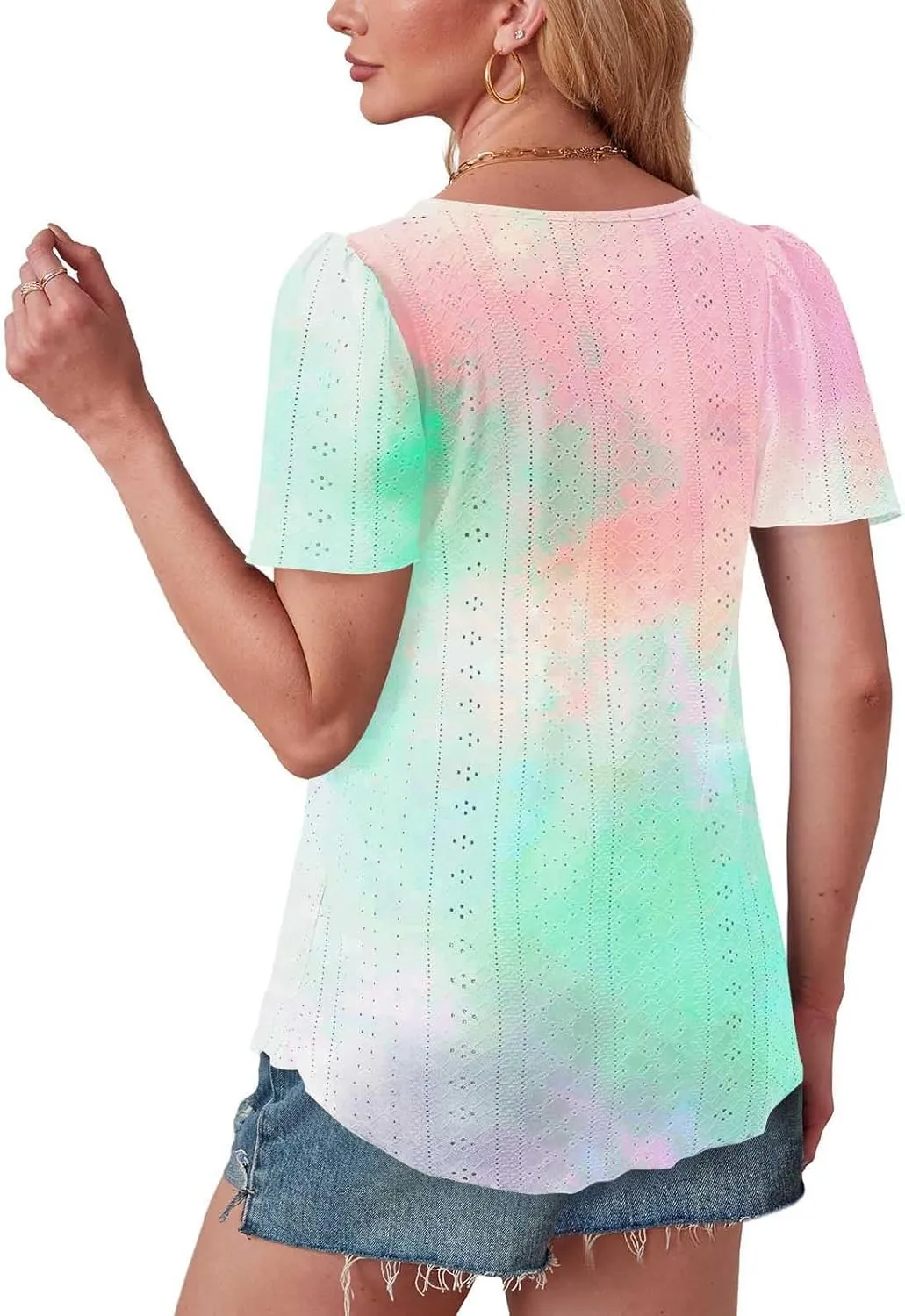Summer Tops for Women Trendy Gradient Color Shirts Pleated Front Tunic Top Crewneck Eyelet Casual Loose Blouses