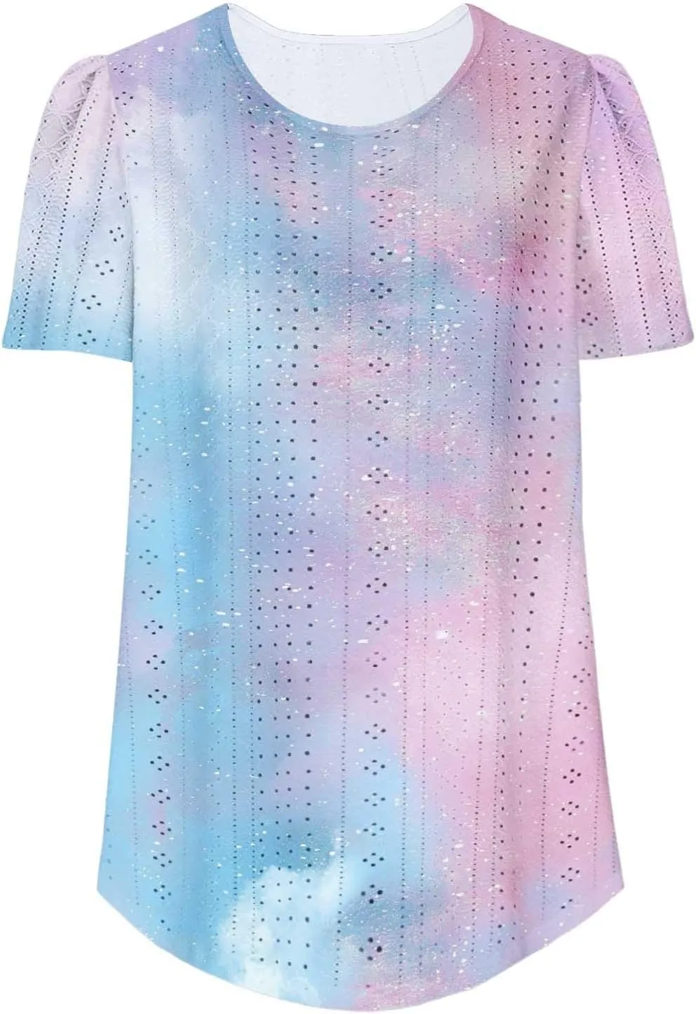 Summer Tops for Women Trendy Gradient Color Shirts Pleated Front Tunic Top Crewneck Eyelet Casual Loose Blouses