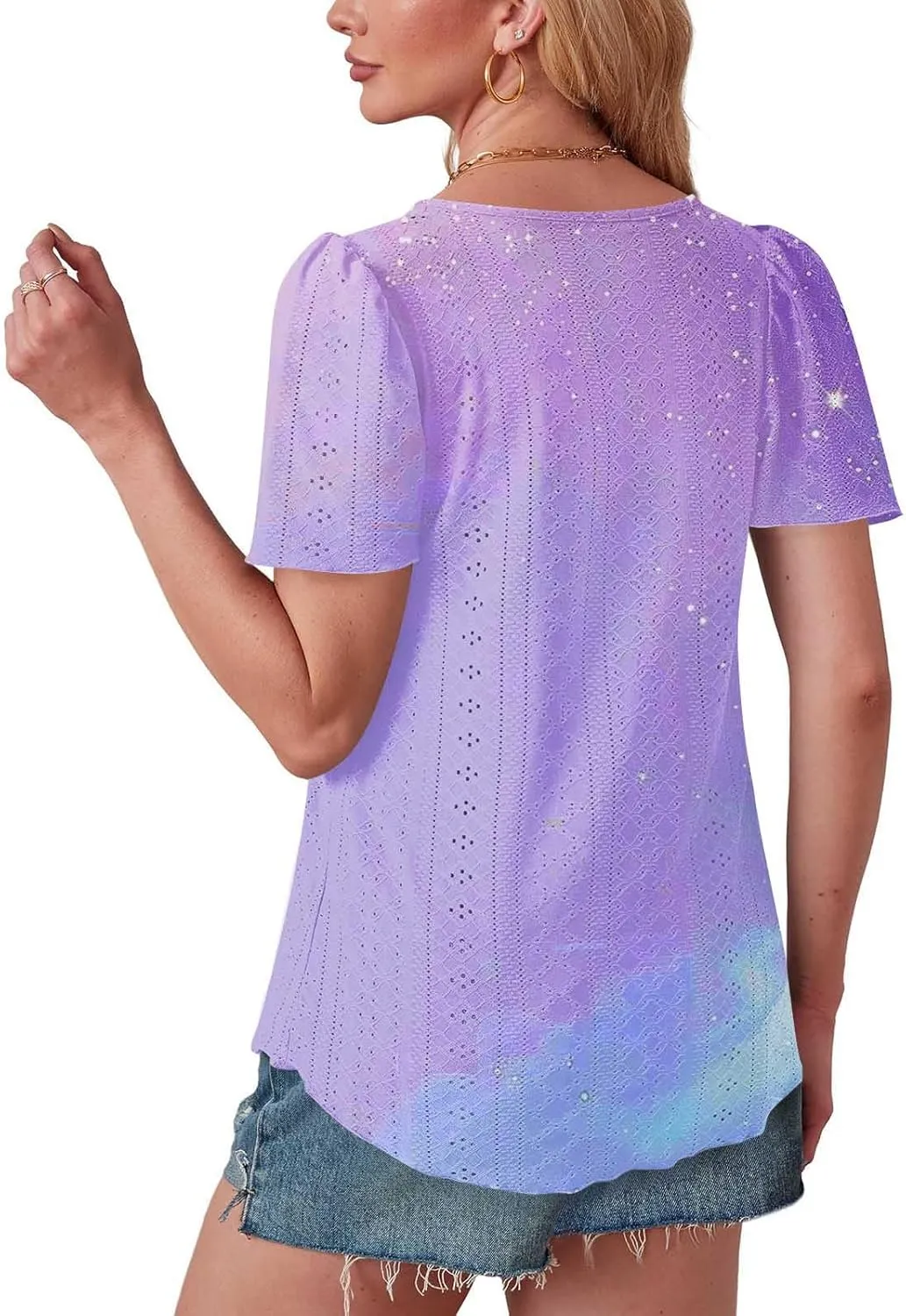Summer Tops for Women Trendy Gradient Color Shirts Pleated Front Tunic Top Crewneck Eyelet Casual Loose Blouses