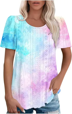 Summer Tops for Women Trendy Gradient Color Shirts Pleated Front Tunic Top Crewneck Eyelet Casual Loose Blouses