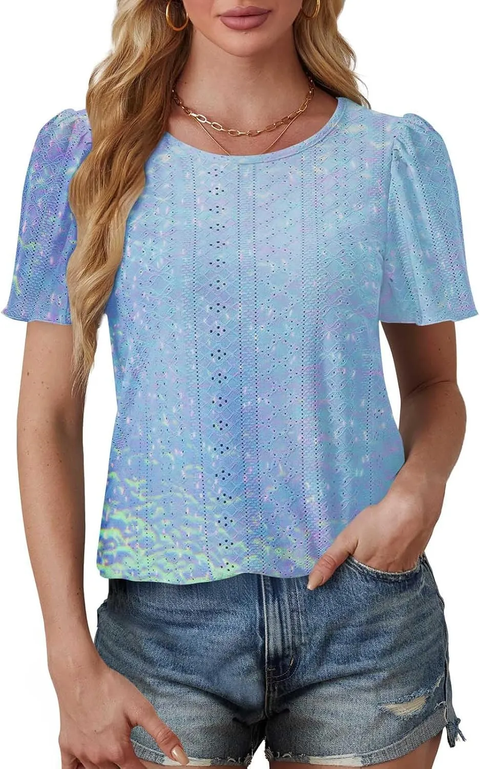 Summer Tops for Women Trendy Gradient Color Shirts Pleated Front Tunic Top Crewneck Eyelet Casual Loose Blouses