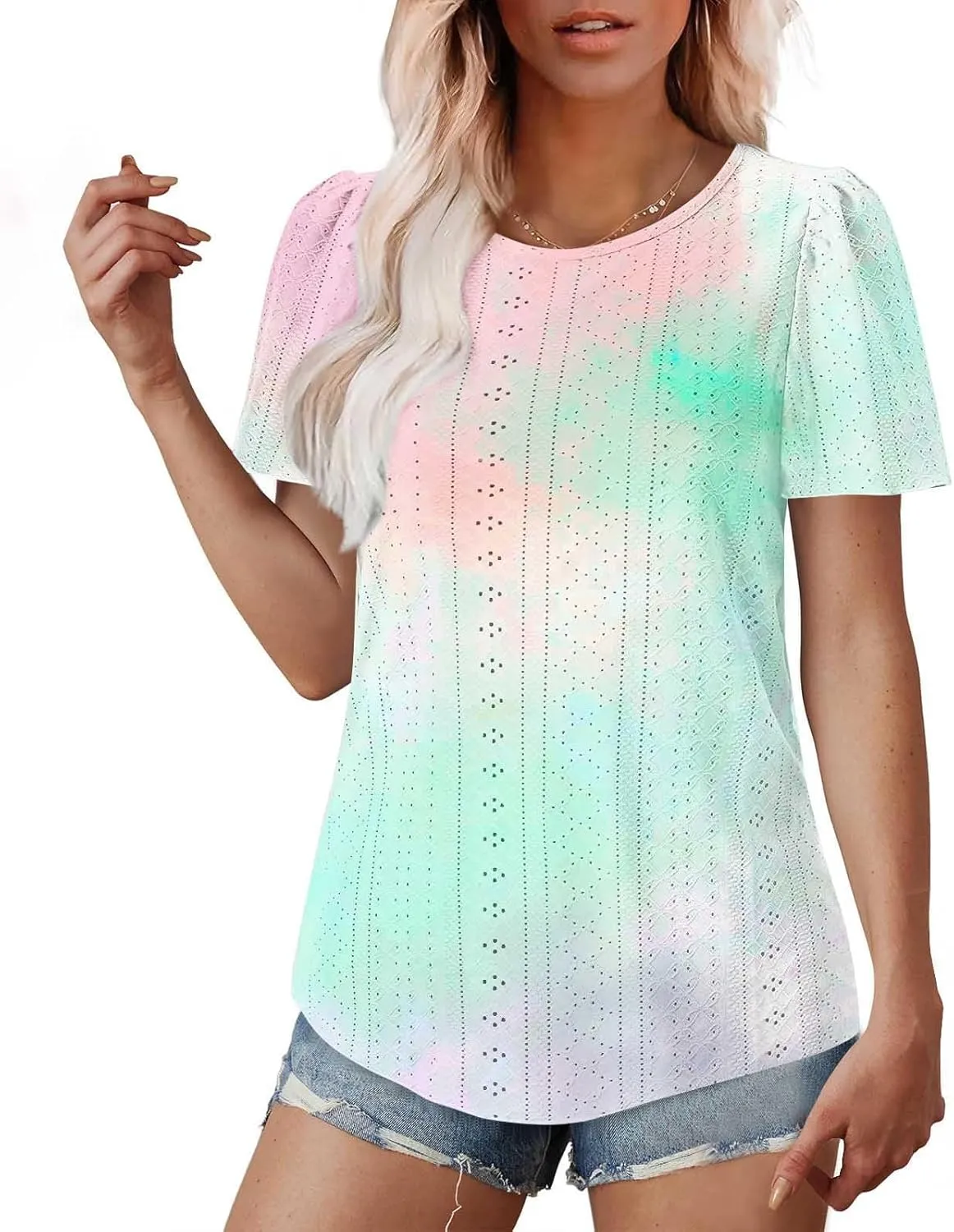 Summer Tops for Women Trendy Gradient Color Shirts Pleated Front Tunic Top Crewneck Eyelet Casual Loose Blouses