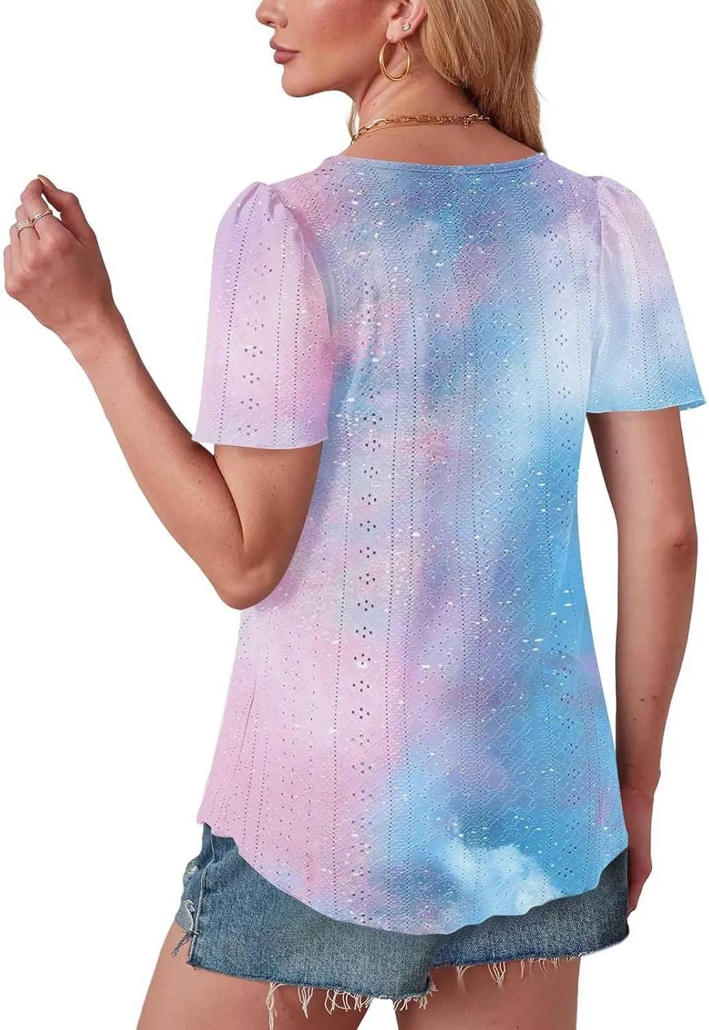 Summer Tops for Women Trendy Gradient Color Shirts Pleated Front Tunic Top Crewneck Eyelet Casual Loose Blouses