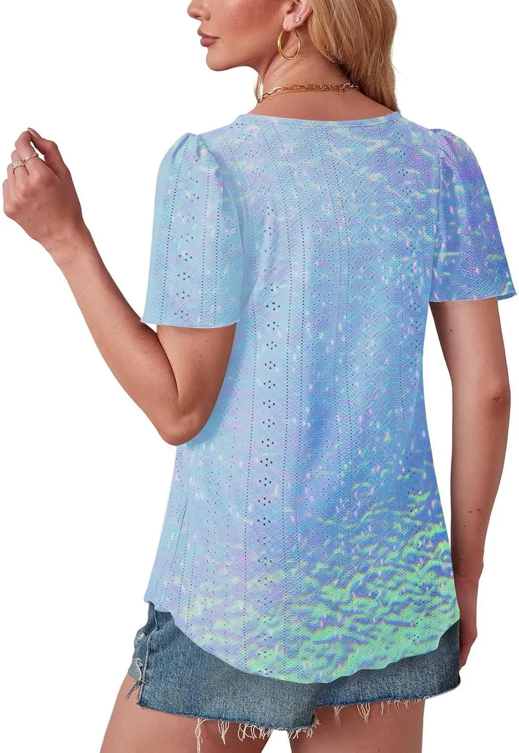 Summer Tops for Women Trendy Gradient Color Shirts Pleated Front Tunic Top Crewneck Eyelet Casual Loose Blouses