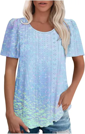 Summer Tops for Women Trendy Gradient Color Shirts Pleated Front Tunic Top Crewneck Eyelet Casual Loose Blouses