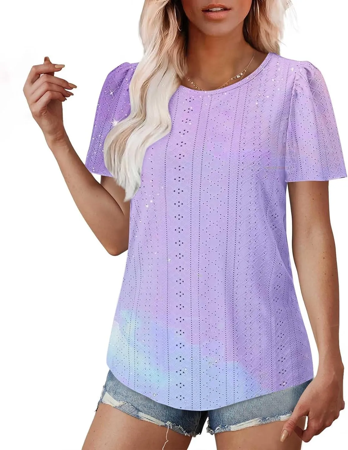 Summer Tops for Women Trendy Gradient Color Shirts Pleated Front Tunic Top Crewneck Eyelet Casual Loose Blouses