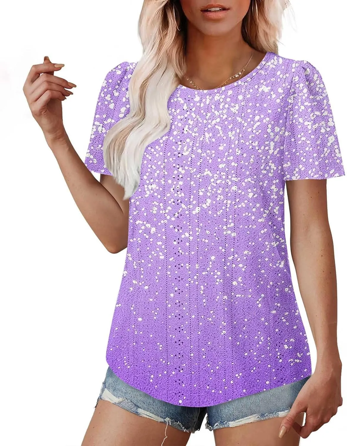 Summer Tops for Women Trendy Gradient Color Shirts Pleated Front Tunic Top Crewneck Eyelet Casual Loose Blouses