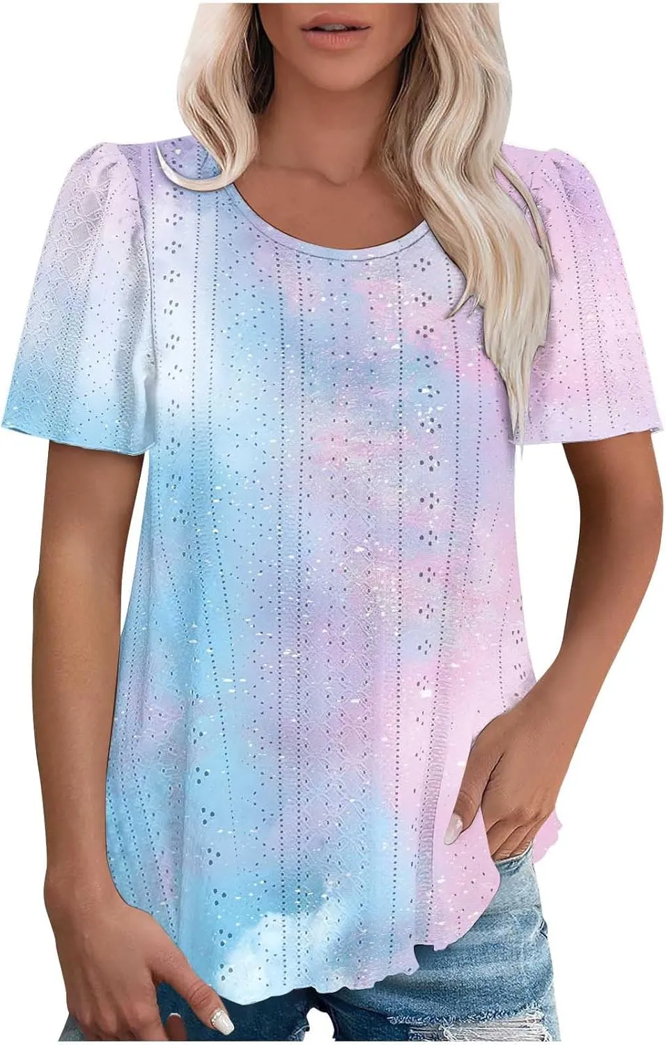 Summer Tops for Women Trendy Gradient Color Shirts Pleated Front Tunic Top Crewneck Eyelet Casual Loose Blouses