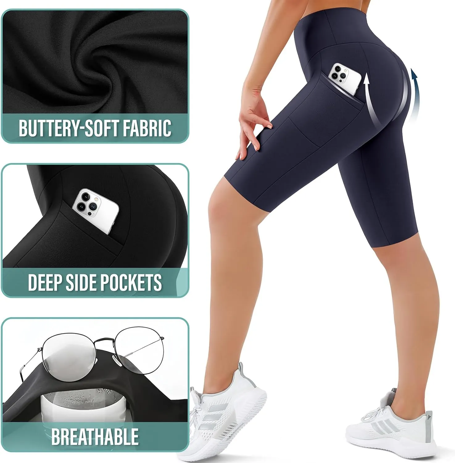 SUNCLOVE 3 Pack Biker Shorts for Women Tummy Control Workout Yoga Gym Running Shorts with Pockets
