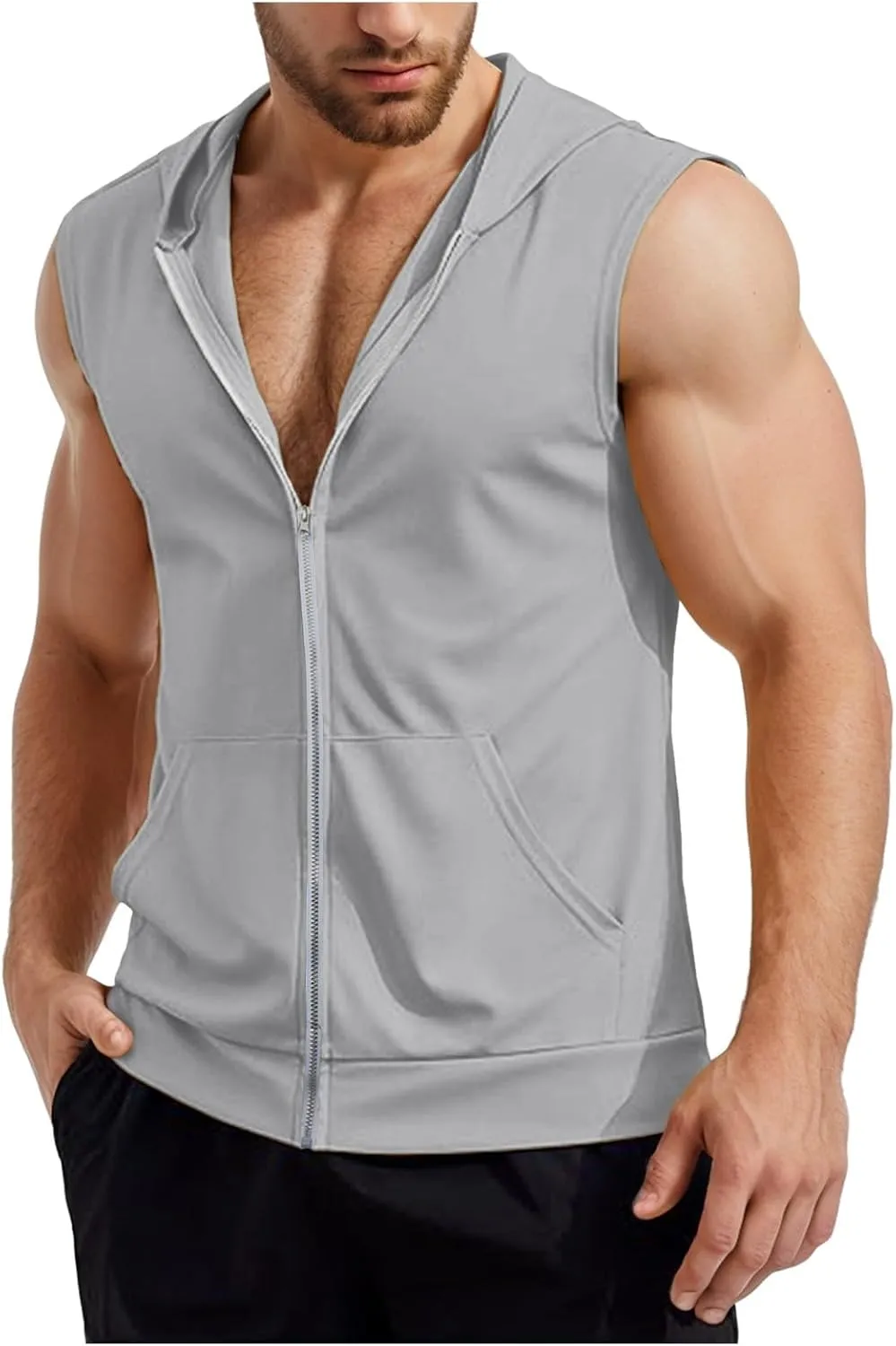 SUWBMHWE Men's Sleeveless Workout Hoodies Zip Up Tank Top with Pockets Gym Bodybuilding Training Sport Muscle Hooded Shirts