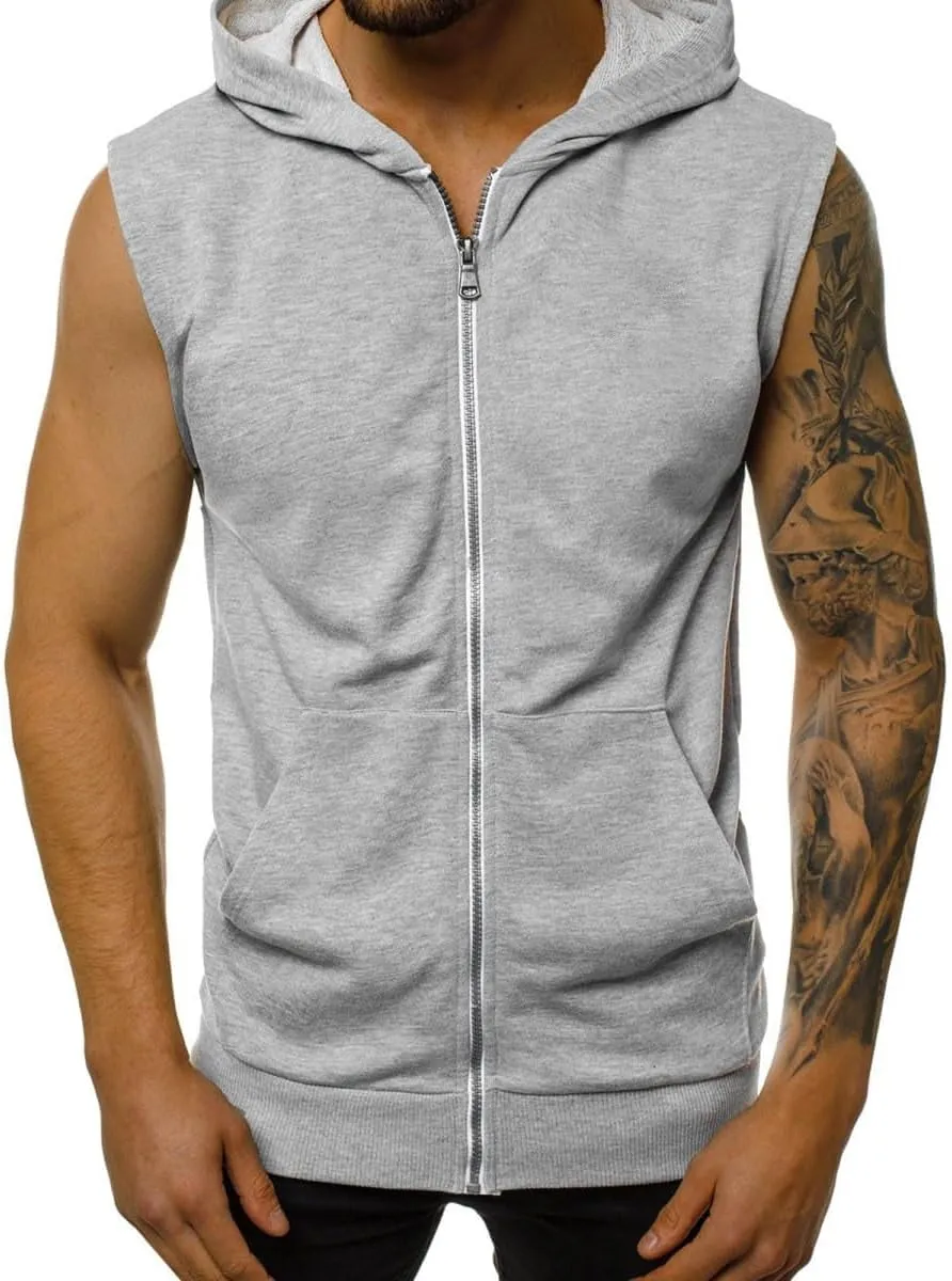 SUWBMHWE Men's Sleeveless Workout Hoodies Zip Up Tank Top with Pockets Gym Bodybuilding Training Sport Muscle Hooded Shirts