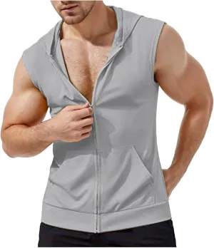 SUWBMHWE Men's Sleeveless Workout Hoodies Zip Up Tank Top with Pockets Gym Bodybuilding Training Sport Muscle Hooded Shirts