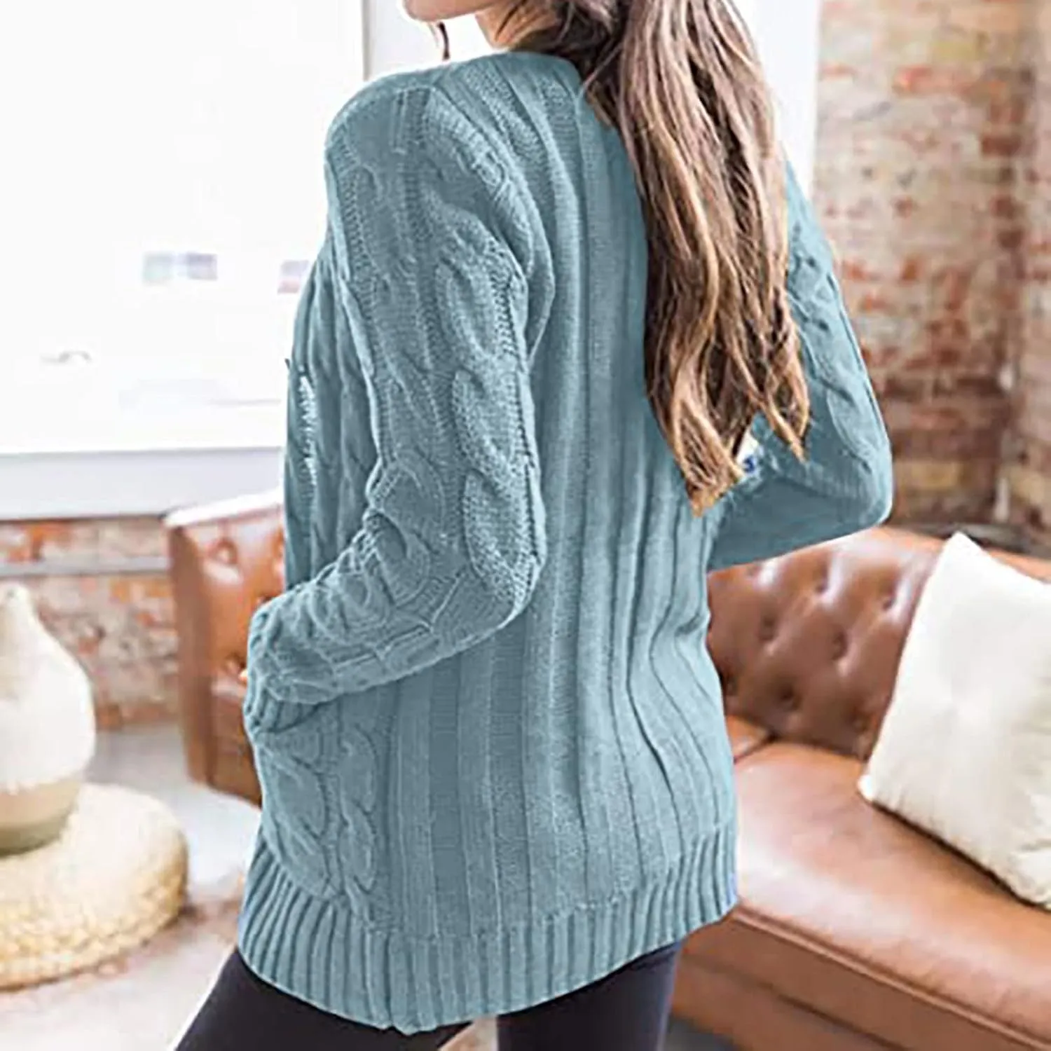 Sweaters for Women Fashion Open Front Long Sleeve Button Cardigans Chunky Cable Knitted Fall Winter Cardigan Outwear