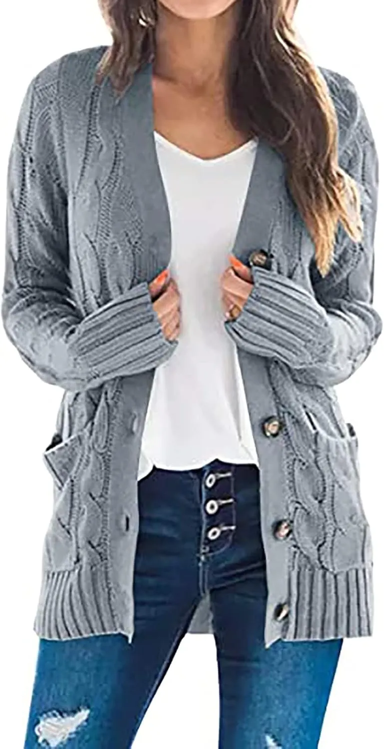 Sweaters for Women Fashion Open Front Long Sleeve Button Cardigans Chunky Cable Knitted Fall Winter Cardigan Outwear