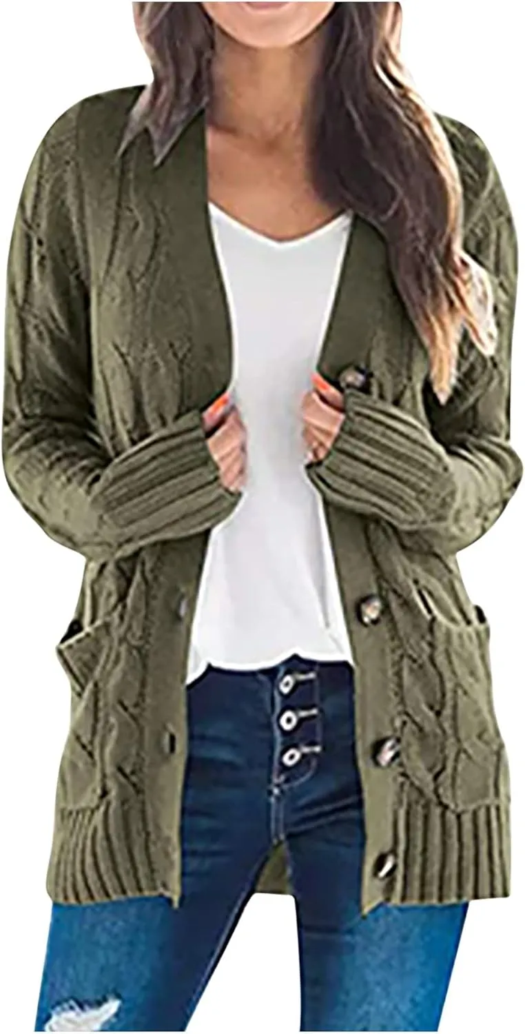 Sweaters for Women Fashion Open Front Long Sleeve Button Cardigans Chunky Cable Knitted Fall Winter Cardigan Outwear