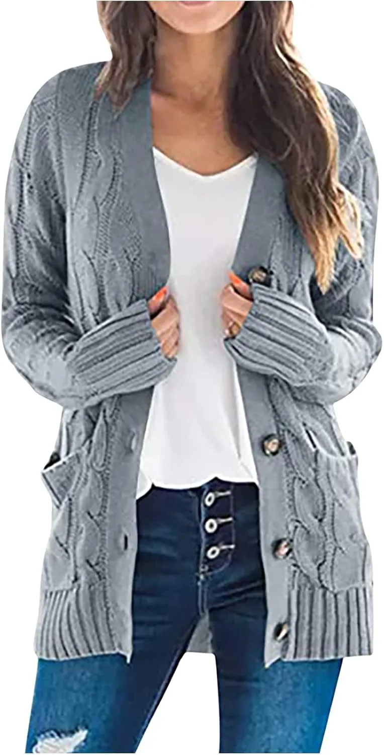 Sweaters for Women Fashion Open Front Long Sleeve Button Cardigans Chunky Cable Knitted Fall Winter Cardigan Outwear