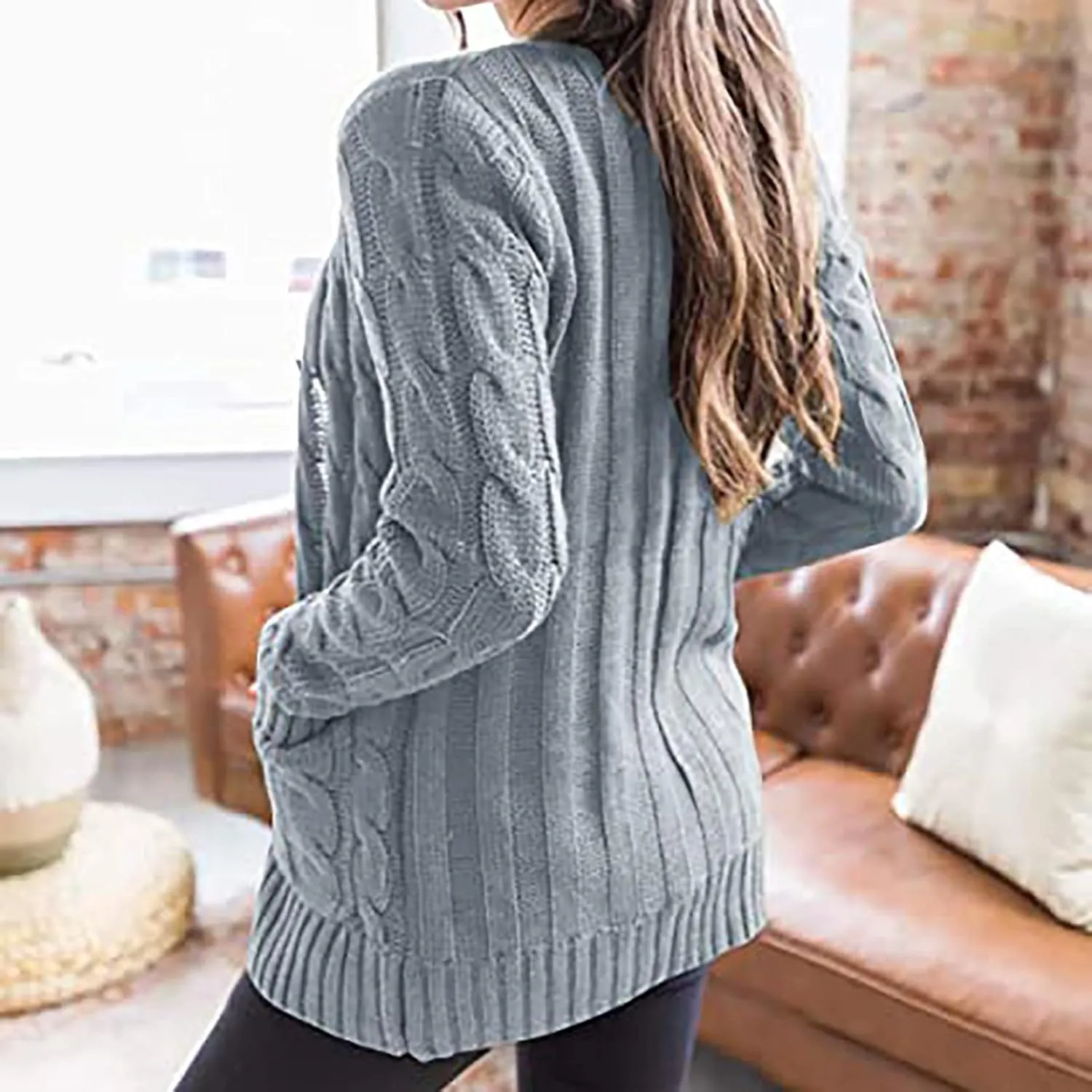 Sweaters for Women Fashion Open Front Long Sleeve Button Cardigans Chunky Cable Knitted Fall Winter Cardigan Outwear