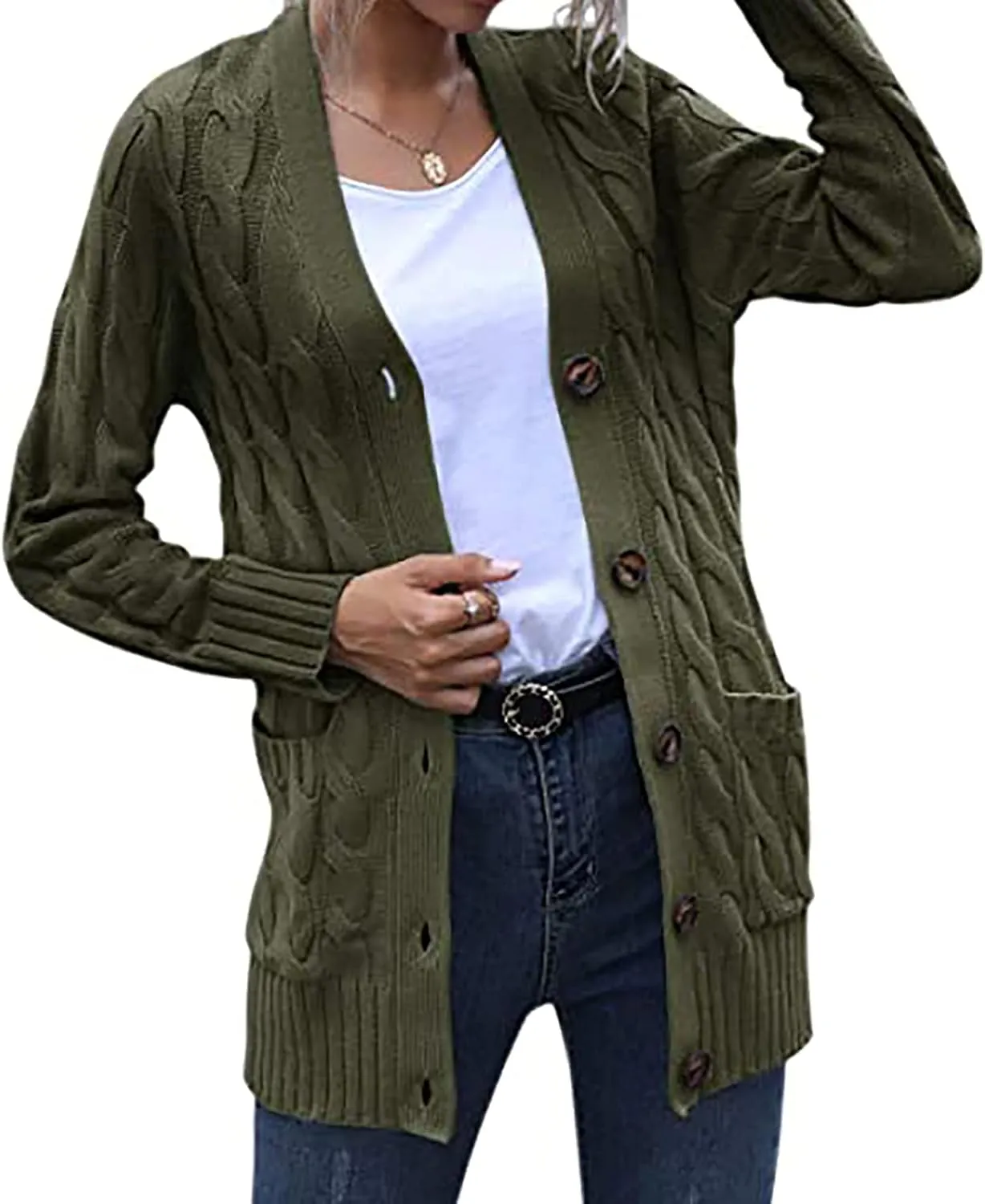 Sweaters for Women Fashion Open Front Long Sleeve Button Cardigans Chunky Cable Knitted Fall Winter Cardigan Outwear