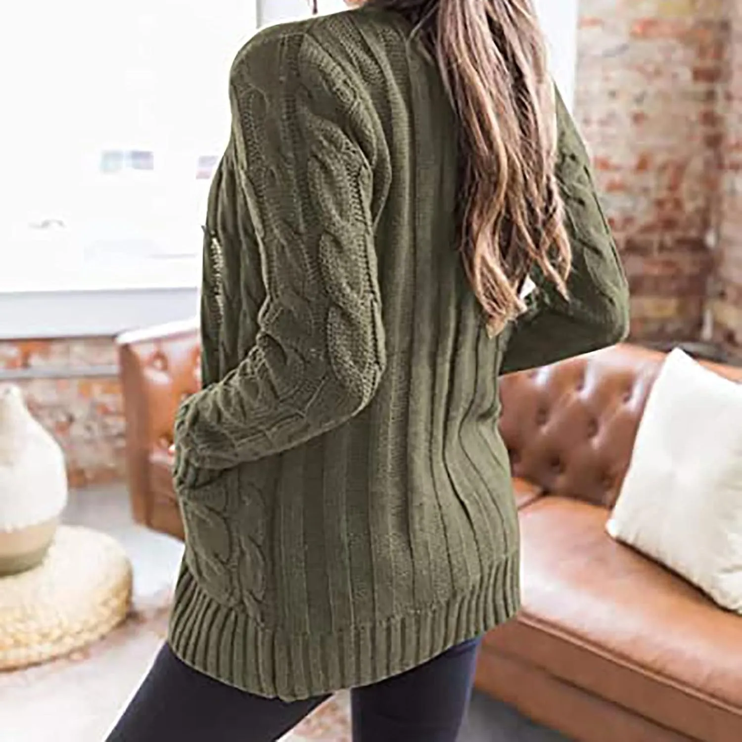 Sweaters for Women Fashion Open Front Long Sleeve Button Cardigans Chunky Cable Knitted Fall Winter Cardigan Outwear