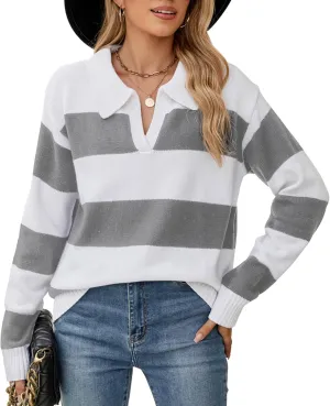 Sweaters Women Striped Oversized Sweaters Fall V Neck Pullover Color Block Sweater Polo Long Sleeve Knit Tops