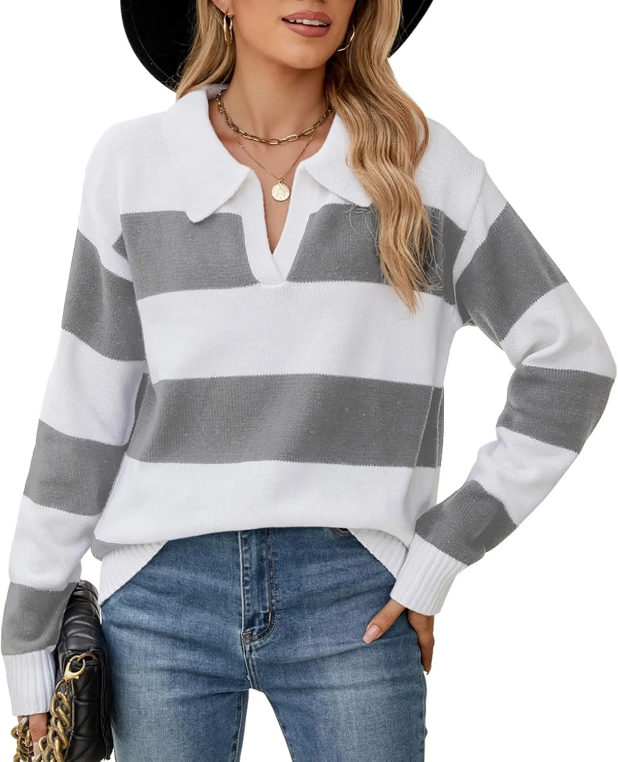 Sweaters Women Striped Oversized Sweaters Fall V Neck Pullover Color Block Sweater Polo Long Sleeve Knit Tops