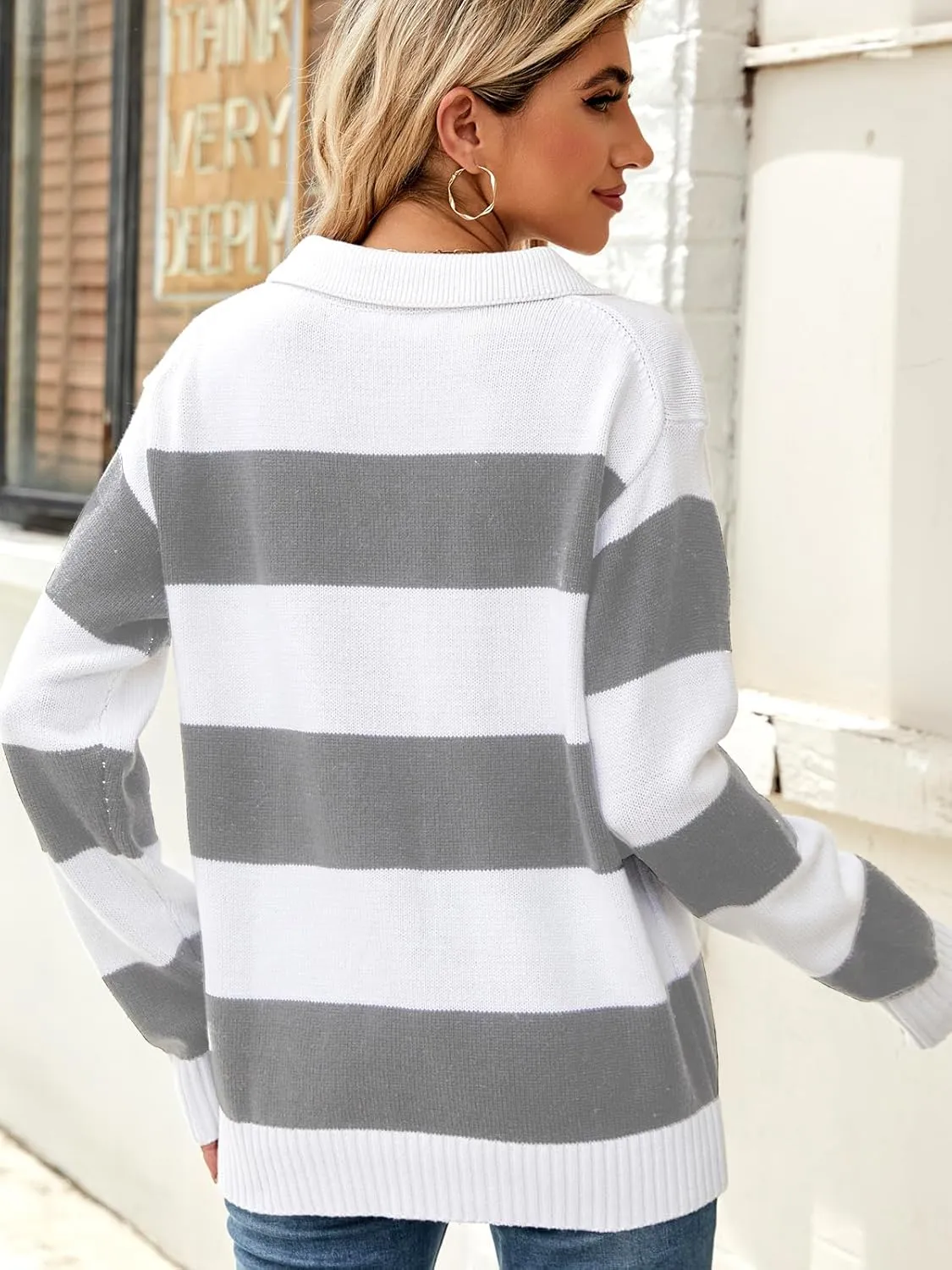 Sweaters Women Striped Oversized Sweaters Fall V Neck Pullover Color Block Sweater Polo Long Sleeve Knit Tops