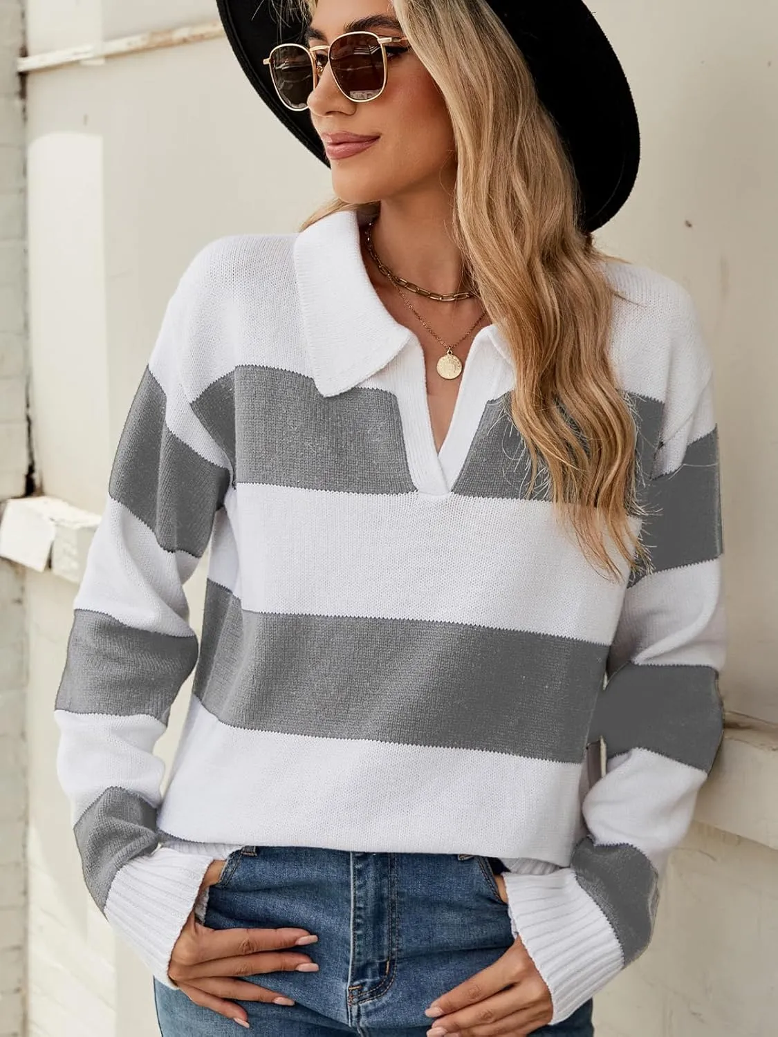 Sweaters Women Striped Oversized Sweaters Fall V Neck Pullover Color Block Sweater Polo Long Sleeve Knit Tops