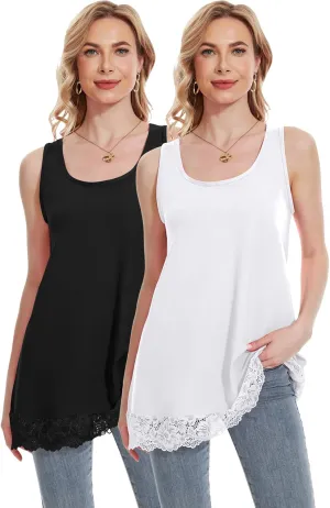 TAIPOVE Lace Camisole Tops for Women for Under Clothes Cotton Long Tank Shirt Extender Layering Sleeveless Tunic 2PKS