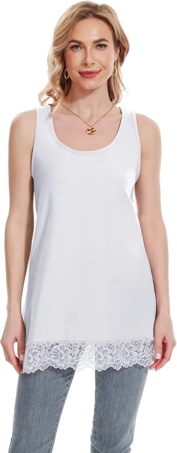 TAIPOVE Lace Camisole Tops for Women for Under Clothes Cotton Long Tank Shirt Extender Layering Sleeveless Tunic 2PKS