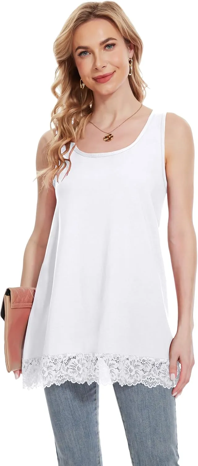 TAIPOVE Lace Camisole Tops for Women for Under Clothes Cotton Long Tank Shirt Extender Layering Sleeveless Tunic 2PKS